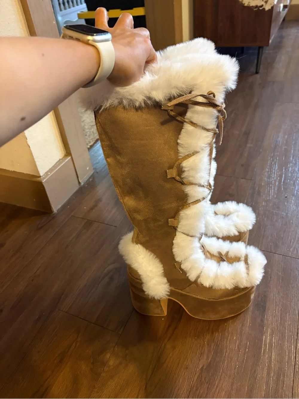 Tall Faux-Fur Trim Platform Boots in Tan
